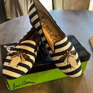 Sam Edelman Navy and White Striped Loafers with Bee Embroidery